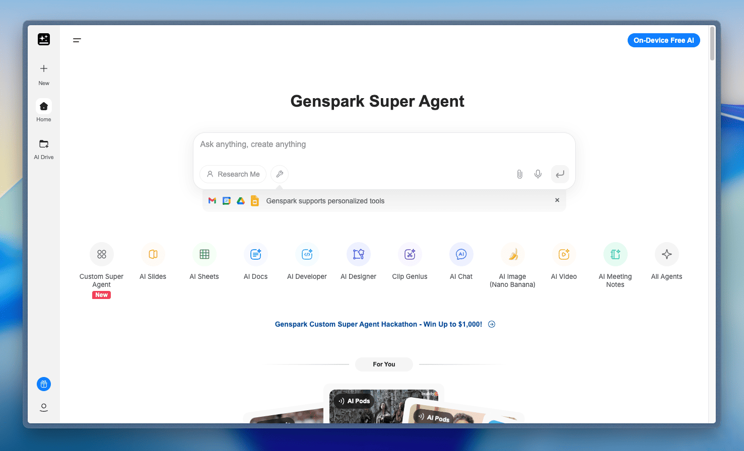 Интерфейс Genspark AI — главная страница