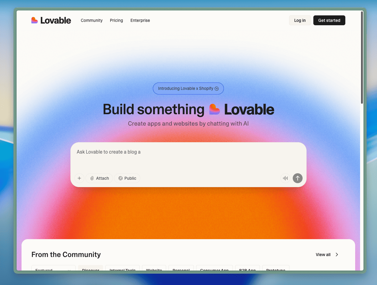Интерфейс приложения Lovable — главная страница