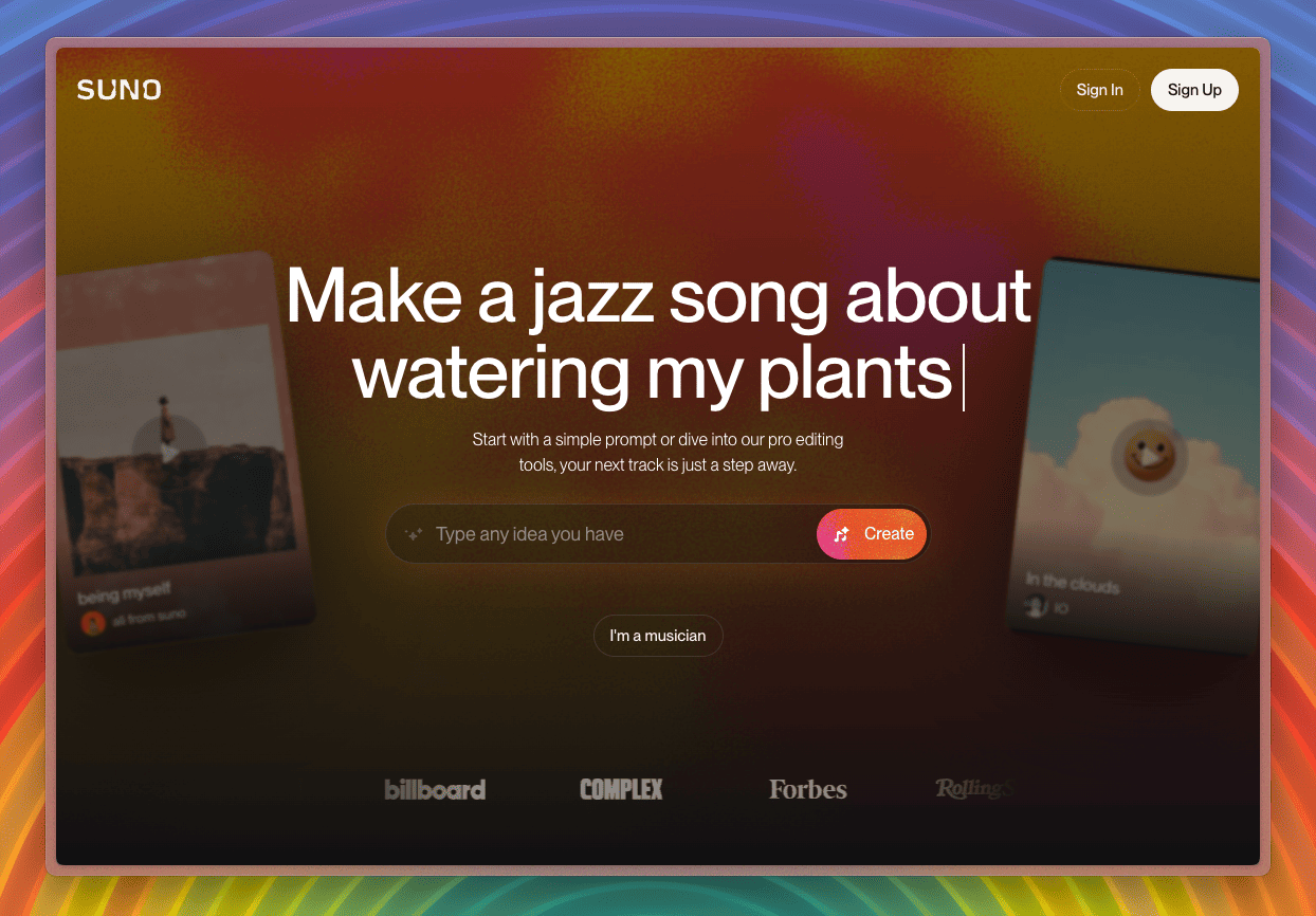 Интерфейс Suno — главная страница